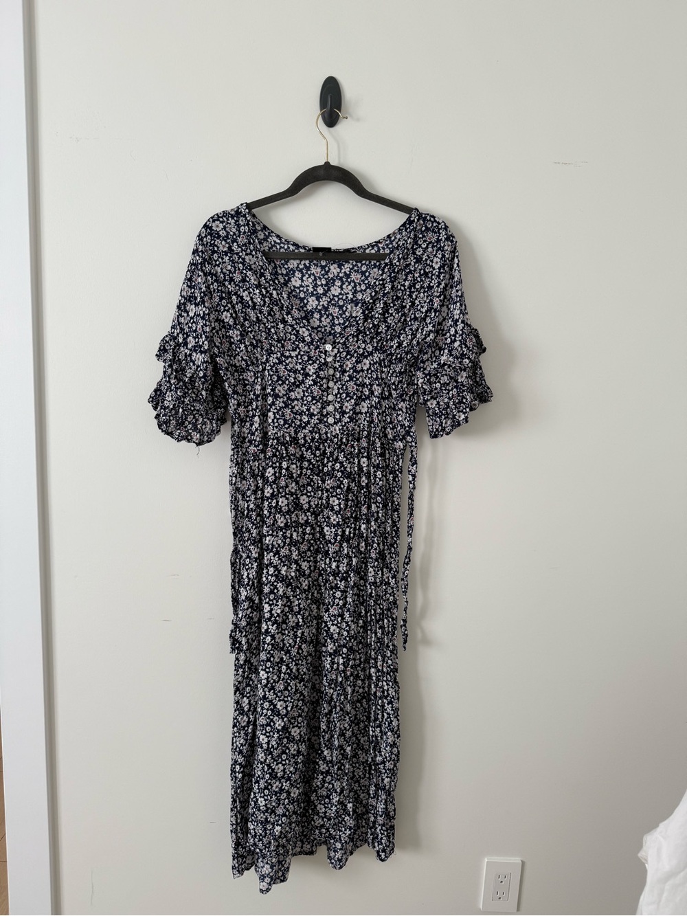 Women's Navy Floral Midi Dress with Tie Waist